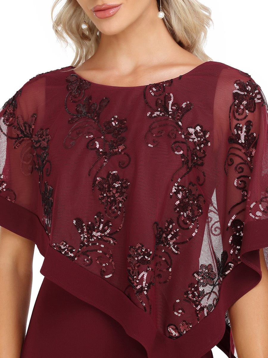 Lace Sequin Shirt Bodycon Floor-Length Mother Dress #color_Burgundy