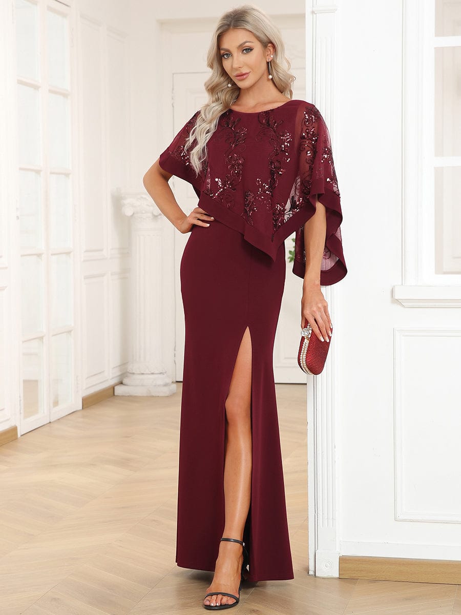 Lace Sequin Shirt Bodycon Floor-Length Mother Dress #color_Burgundy