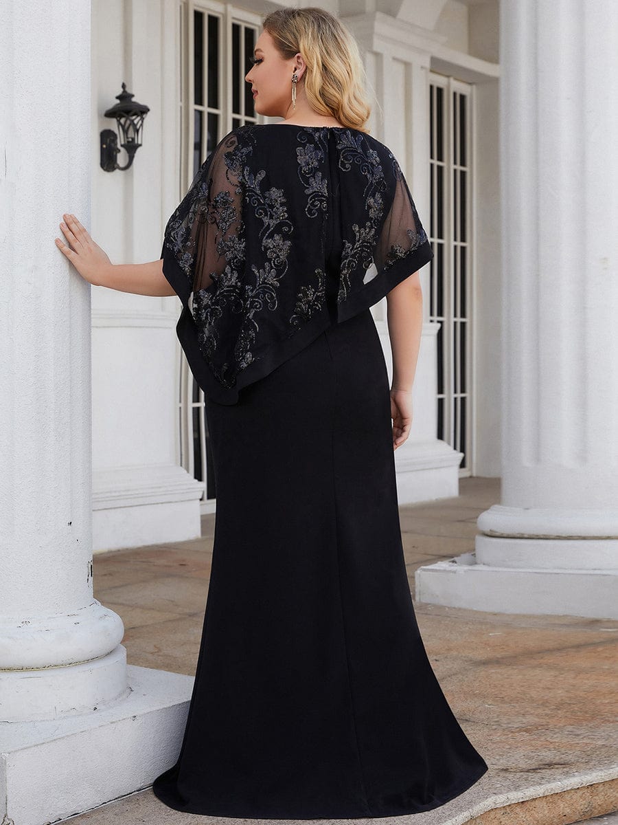 Lace Sequin Shirt Bodycon Floor-Length Mother Dress #color_Black