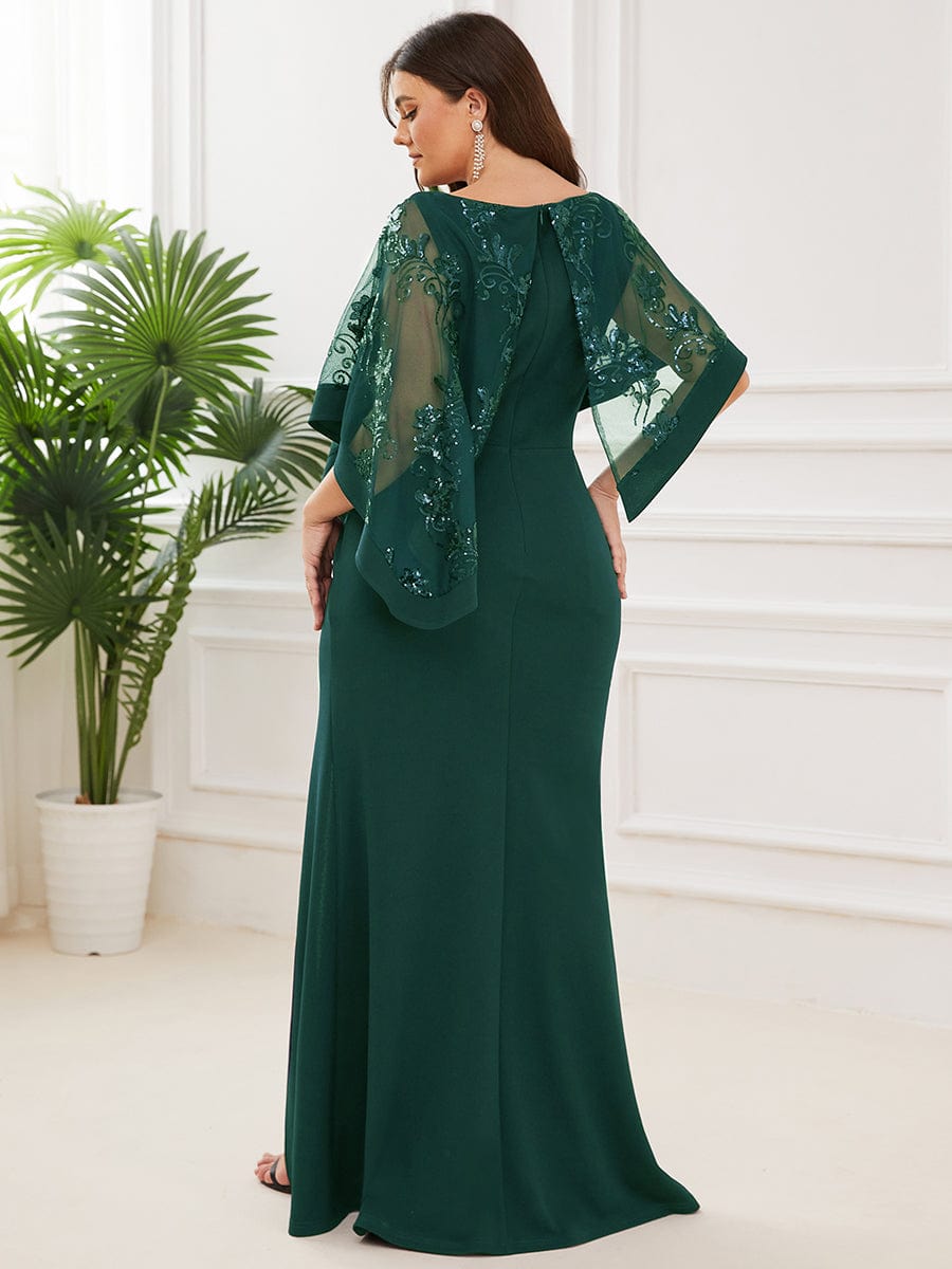 Plus Size Asymmetrical Cape Sequin Mother Of The Bride Dress #color_Dark Green