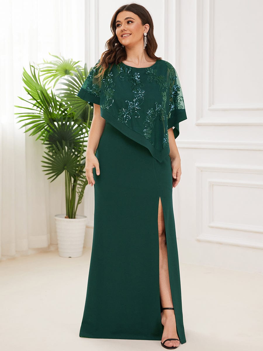 Plus Size Asymmetrical Cape Sequin Mother Of The Bride Dress #color_Dark Green