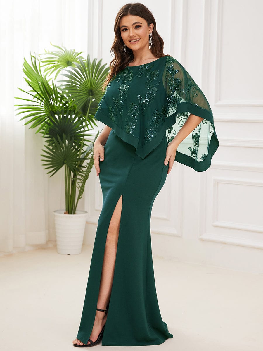 Plus Size Asymmetrical Cape Sequin Mother Of The Bride Dress #color_Dark Green