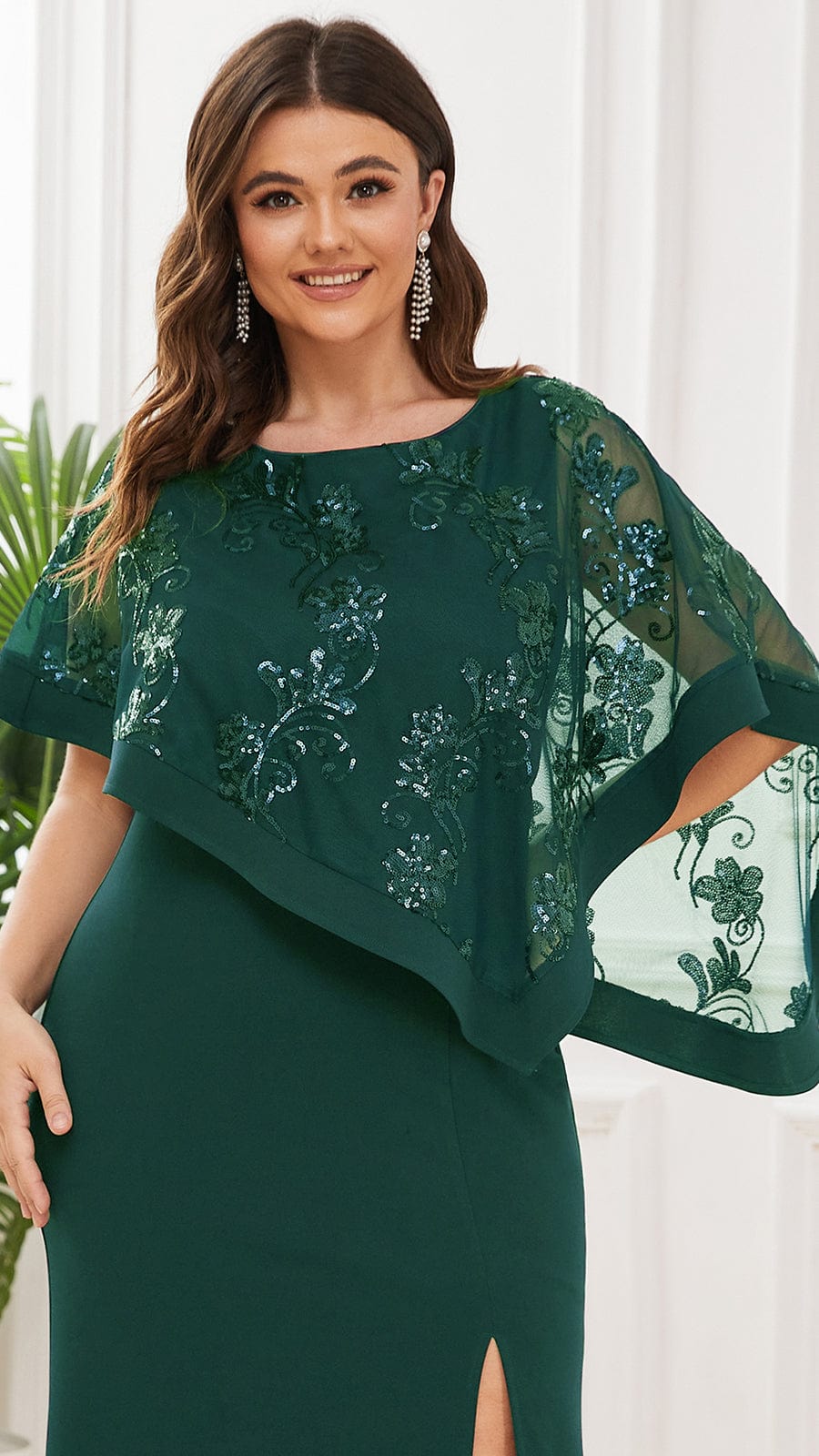 Plus Size Asymmetrical Cape Sequin Mother Of The Bride Dress #color_Dark Green