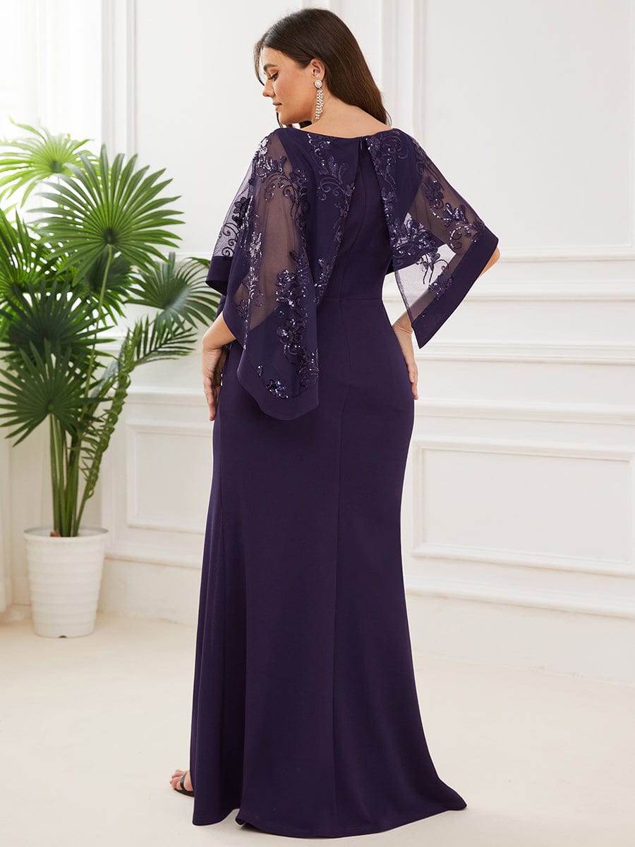 Plus Size Asymmetrical Cape Sequin Mother Of The Bride Dress #color_Dark Purple