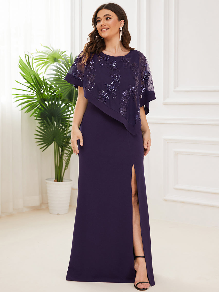 Plus Size Asymmetrical Cape Sequin Mother Of The Bride Dress #color_Dark Purple