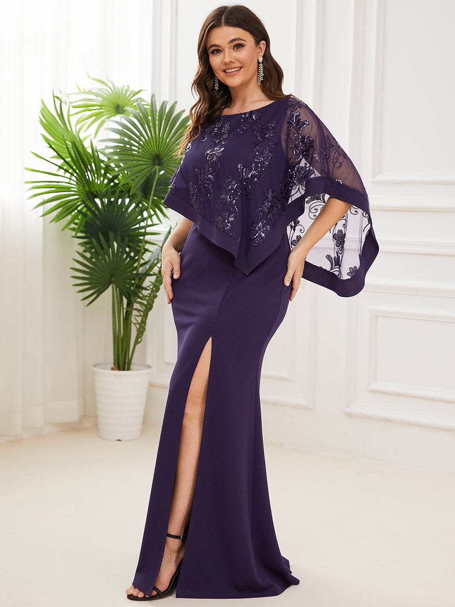 Plus Size Asymmetrical Cape Sequin Mother Of The Bride Dress #color_Dark Purple