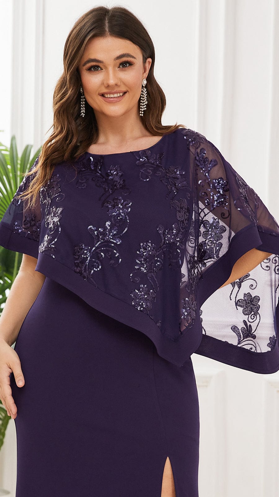 Plus Size Asymmetrical Cape Sequin Mother Of The Bride Dress #color_Dark Purple