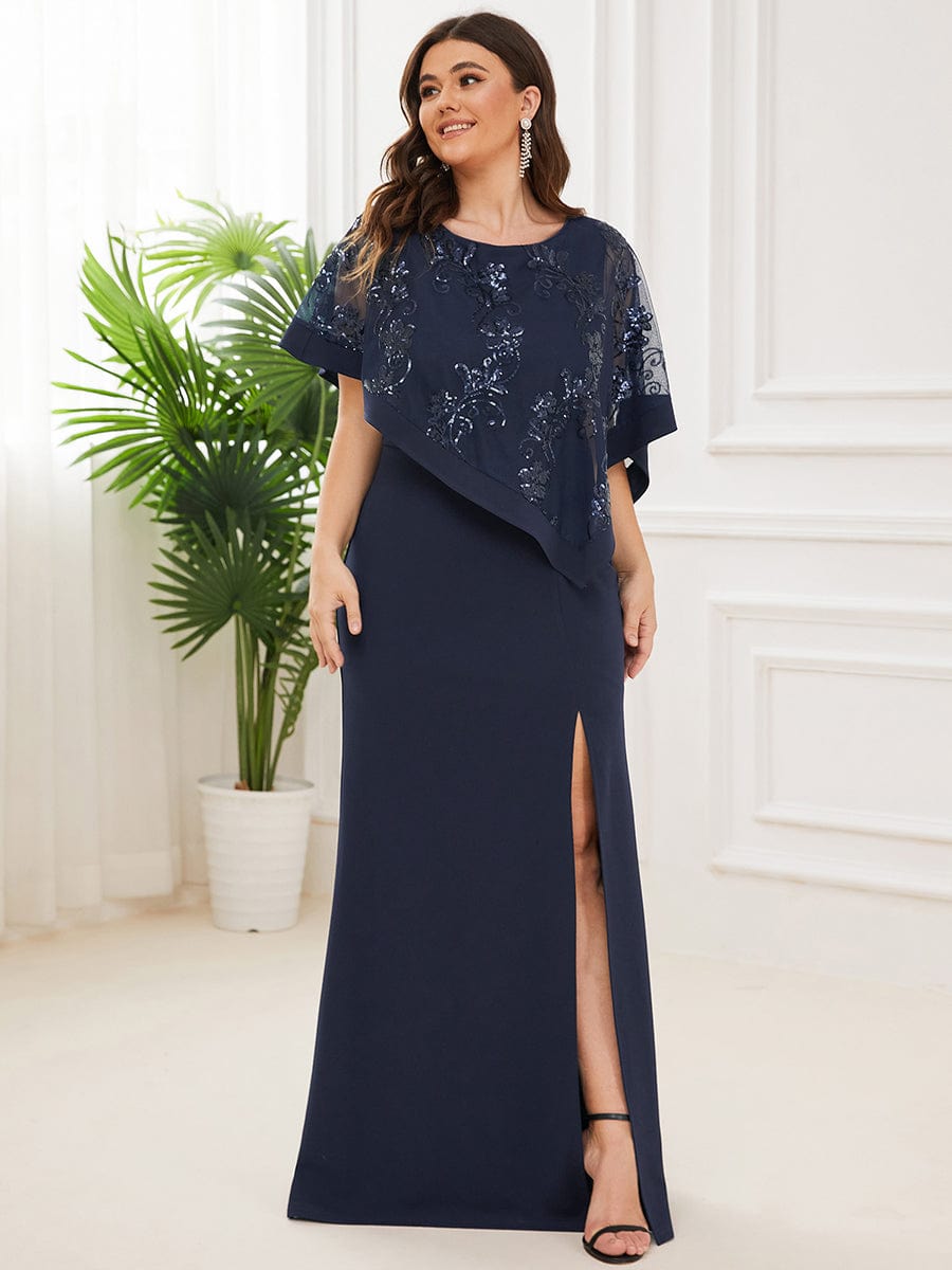 Plus Size Asymmetrical Cape Sequin Mother Of The Bride Dress #color_Navy Blue