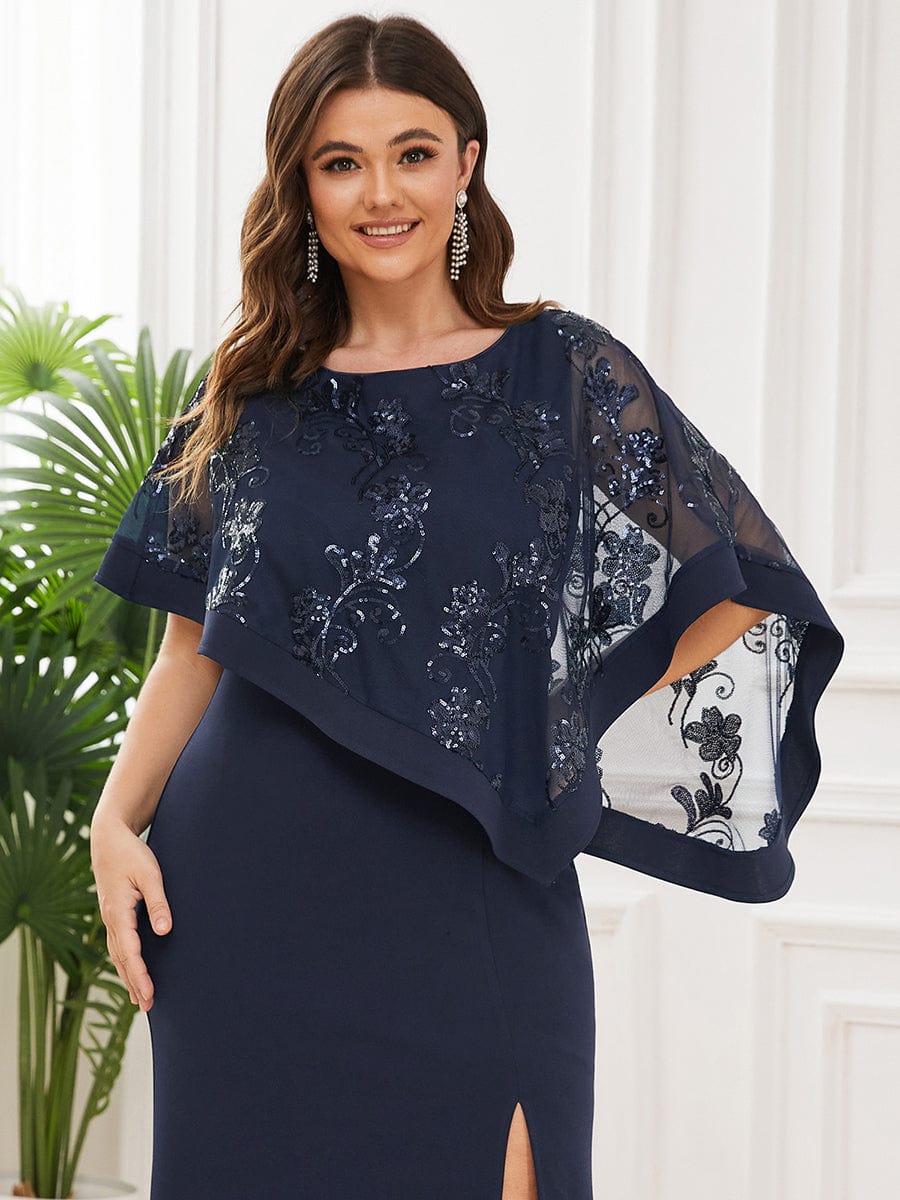 Plus Size Asymmetrical Cape Sequin Mother Of The Bride Dress #color_Navy Blue