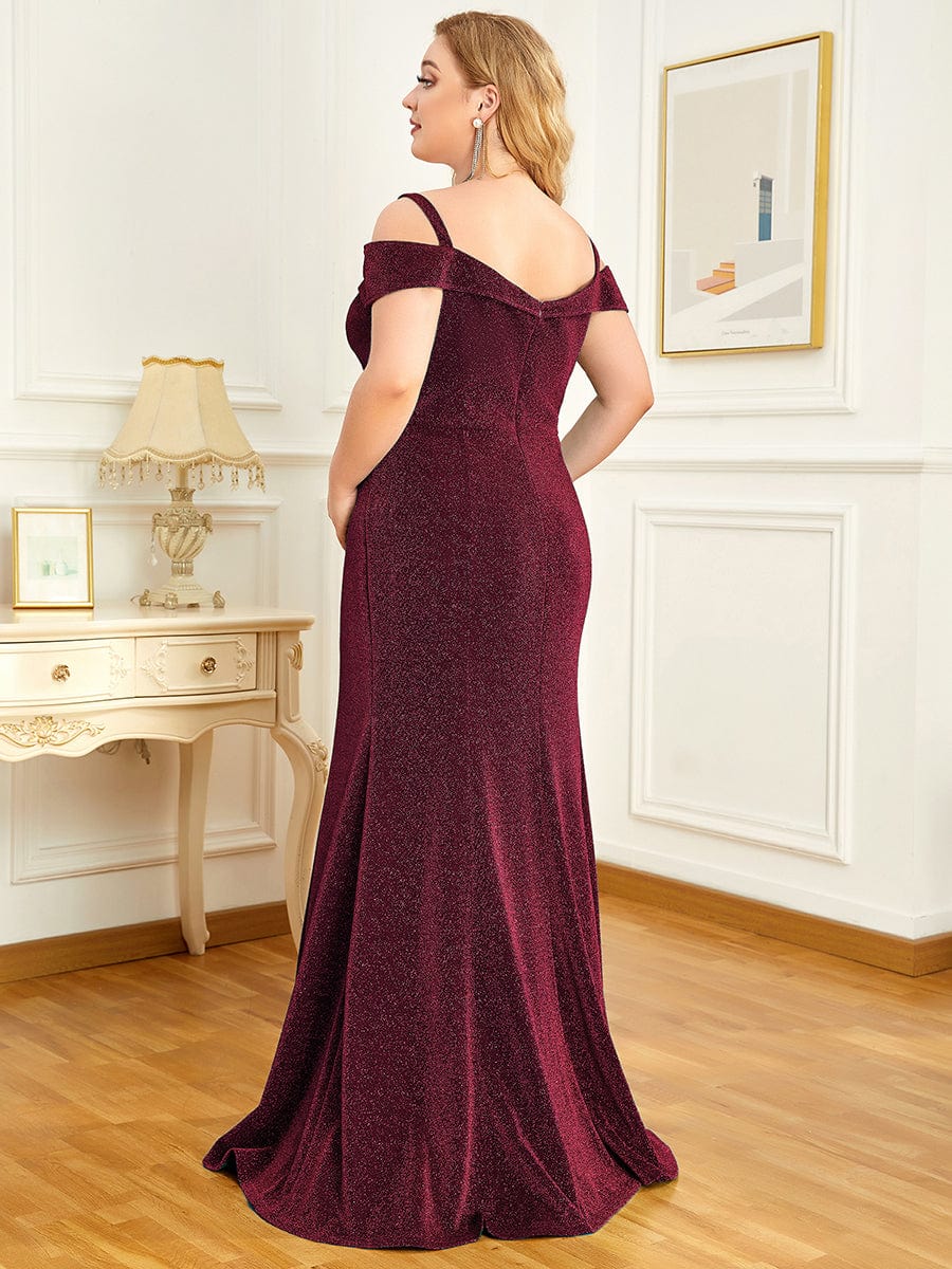 Plus Size Shinning Cold Shoulder Glitter Mother Of The Bride Dress #color_Burgundy