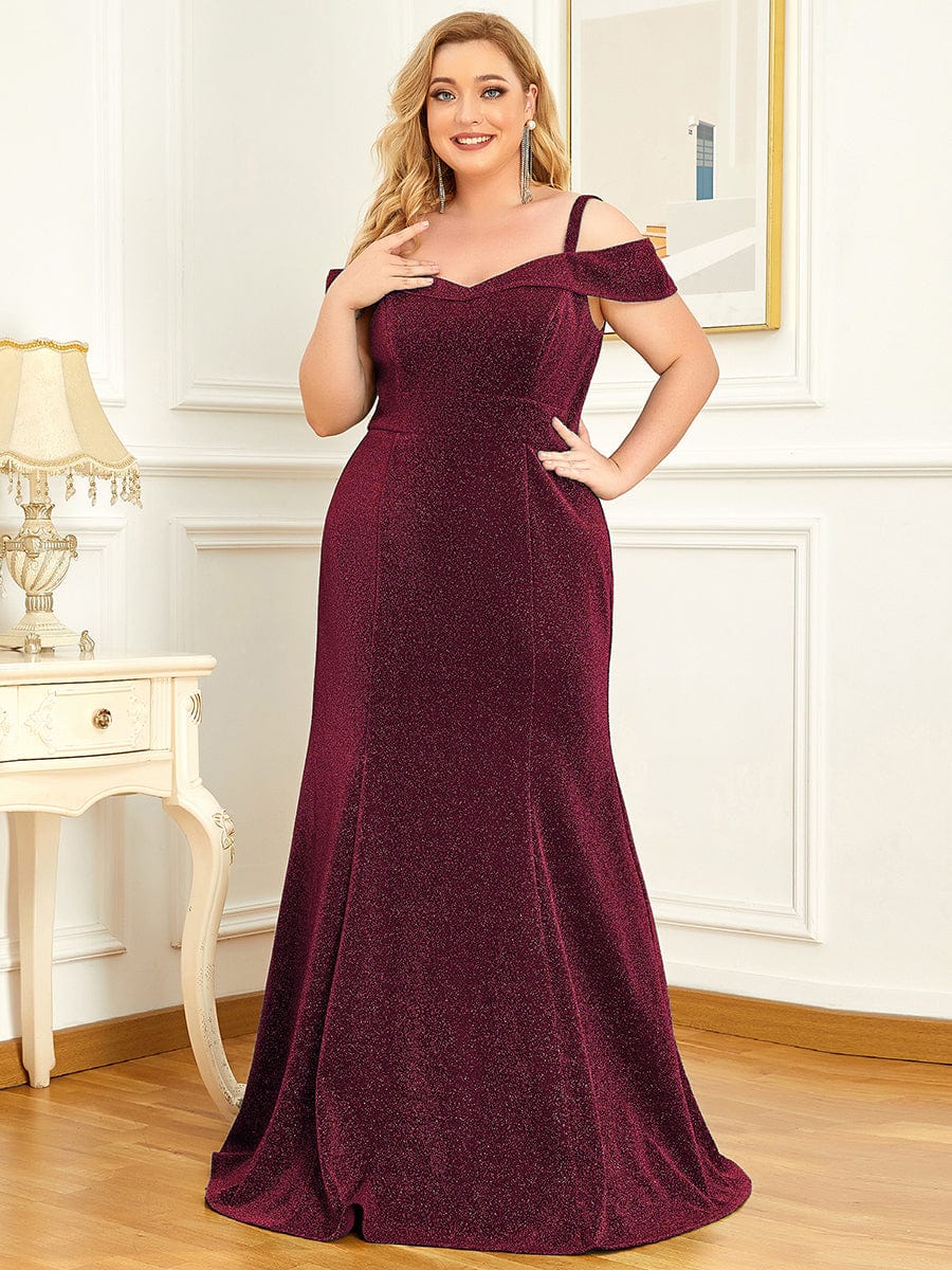 Plus Size Shinning Cold Shoulder Glitter Mother Of The Bride Dress #color_Burgundy