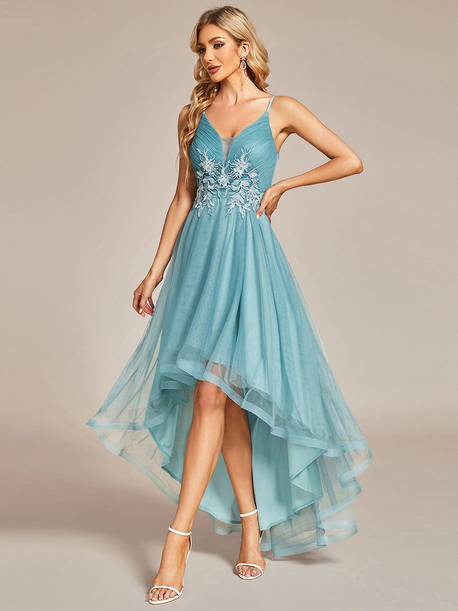 Chic and Stylish Sleeveless Prom Dress with High-Low Hemline #Color_Dusty Blue