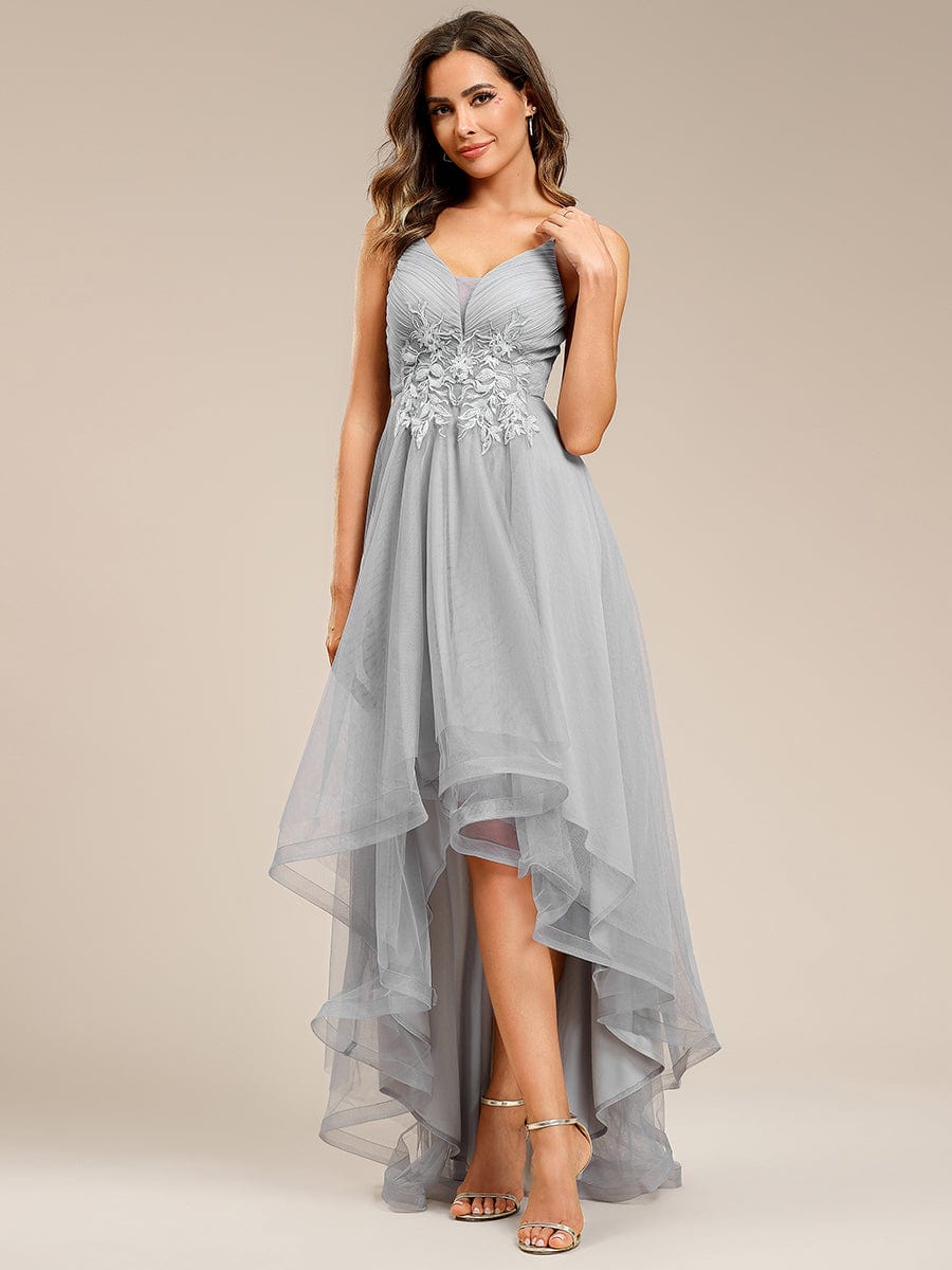 Chic and Stylish Sleeveless Prom Dress with High-Low Hemline #Color_Grey