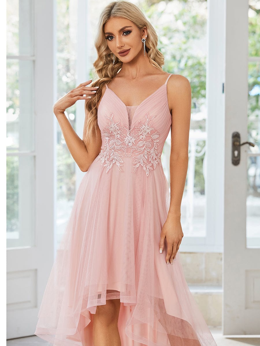 Chic and Stylish Sleeveless Prom Dress with High-Low Hemline #Color_Pink