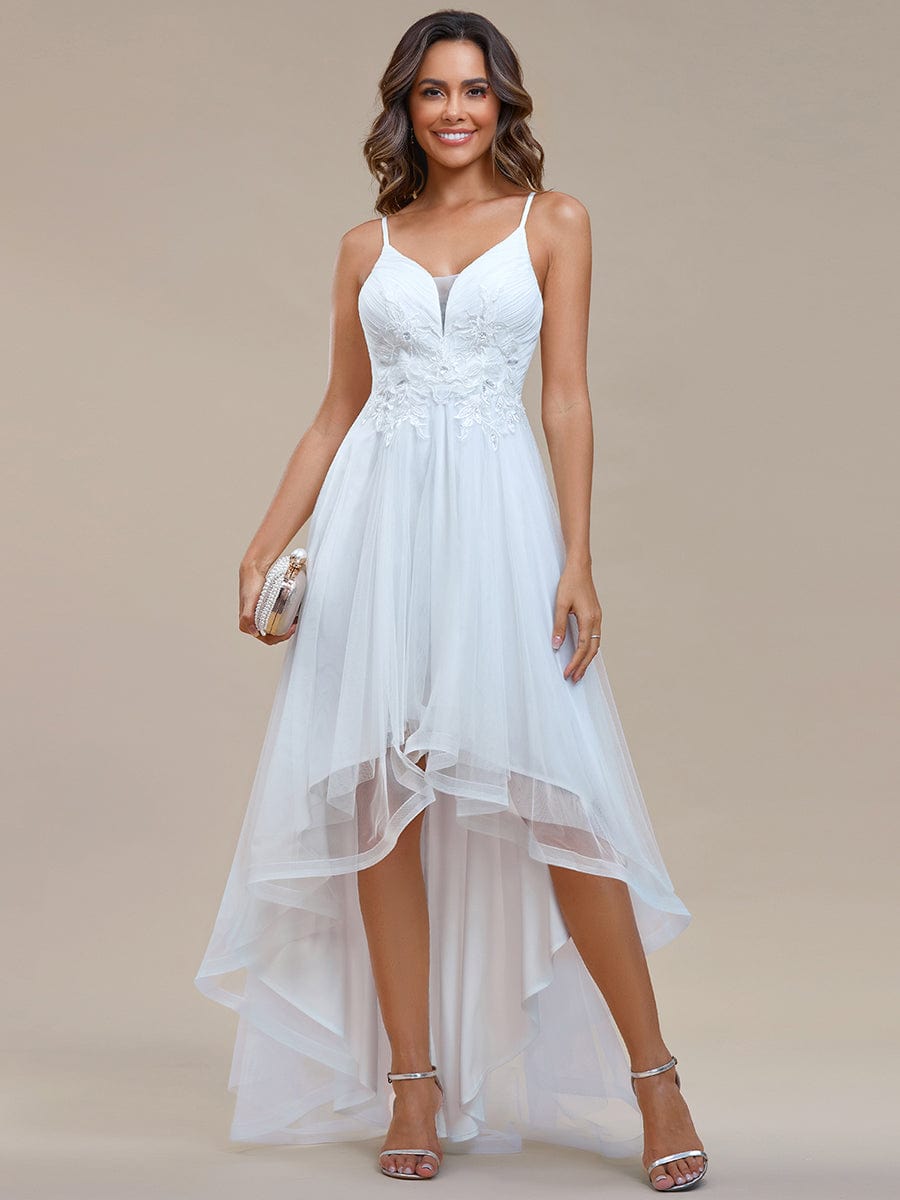 Chic and Stylish Sleeveless Prom Dress with High-Low Hemline #Color_White