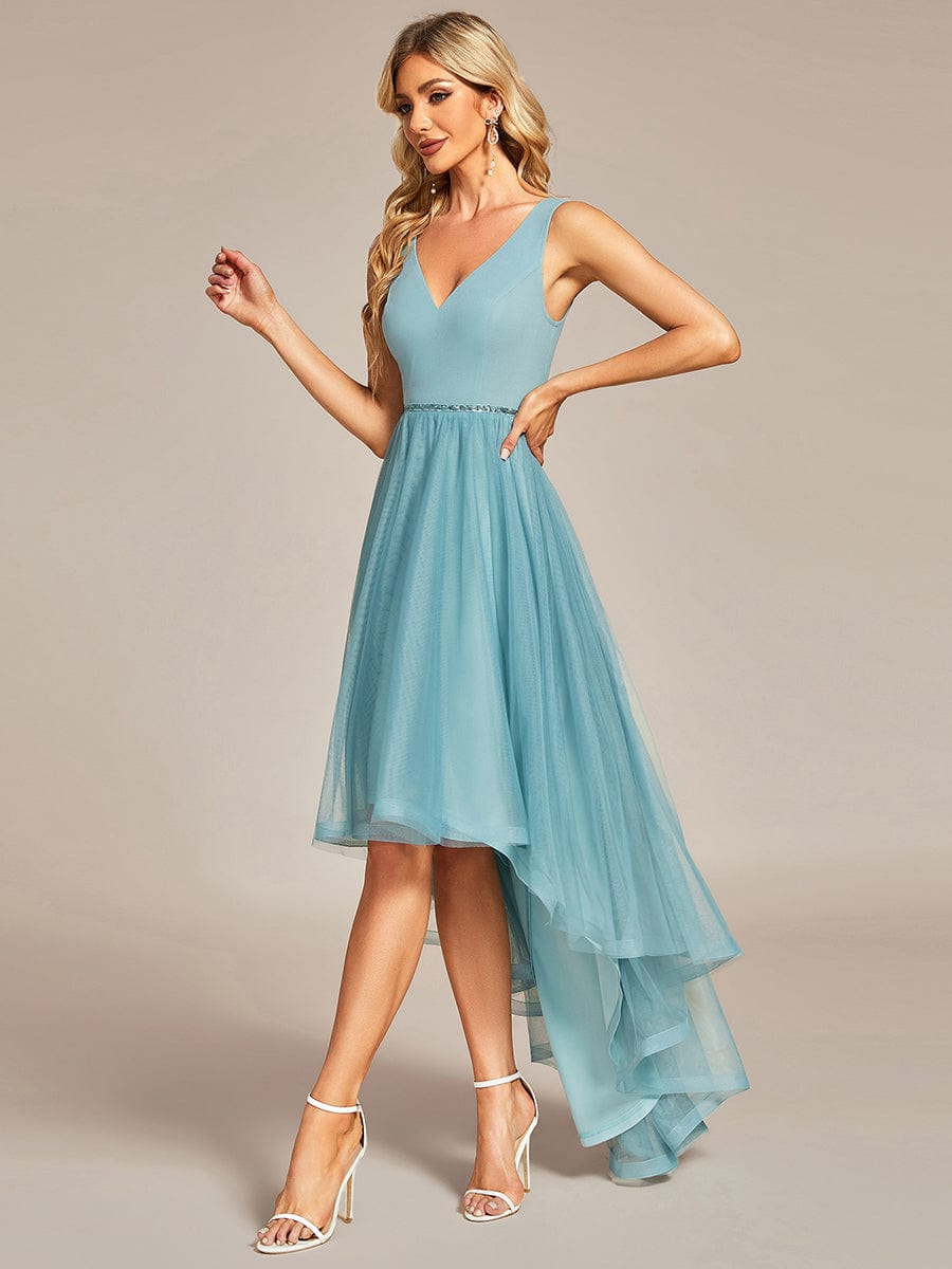 Sleeveless Tulle High Low Prom Dress #color_Dusty Blue