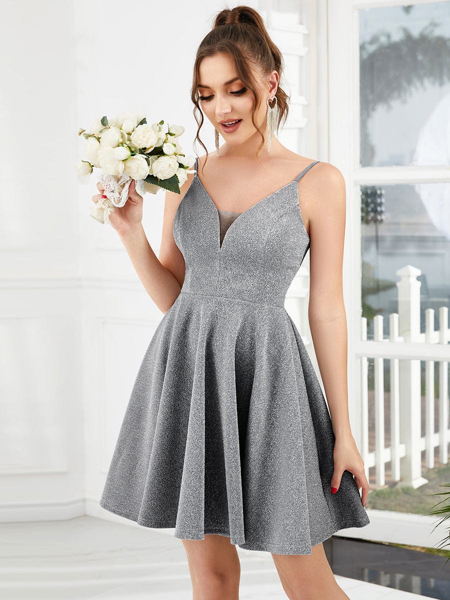 Fancy Shiny Deep V Neck Above Knee Length Prom Dress #color_Grey