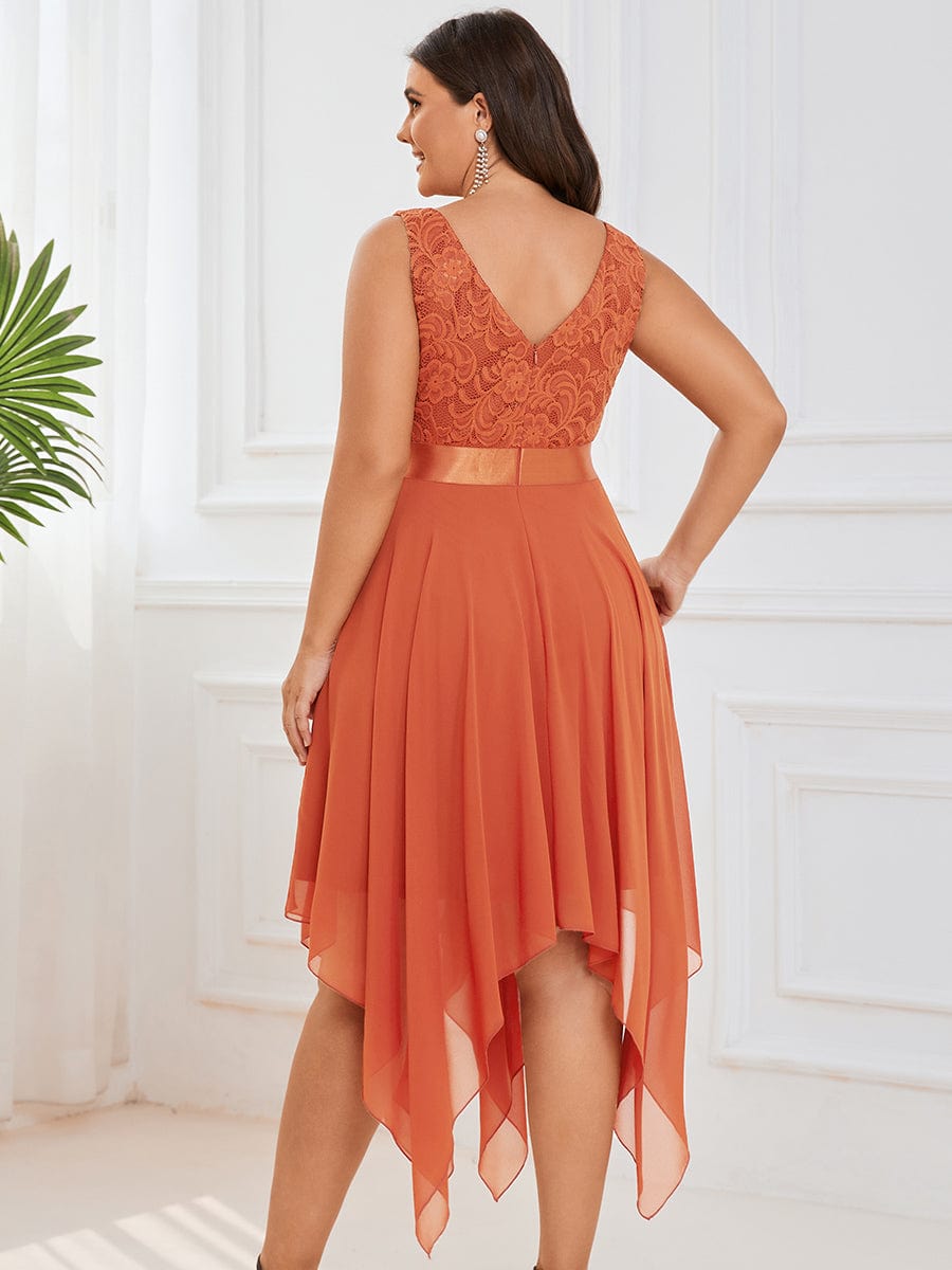 Plus Size Stunning V Neck Lace & Chiffon Prom Dress for Women #color_Burnt Orange