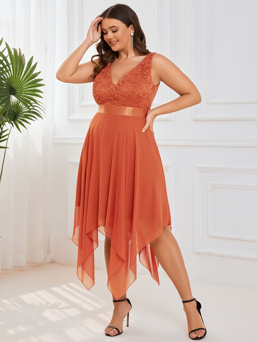 Plus Size Stunning V Neck Lace & Chiffon Prom Dress for Women #color_Burnt Orange