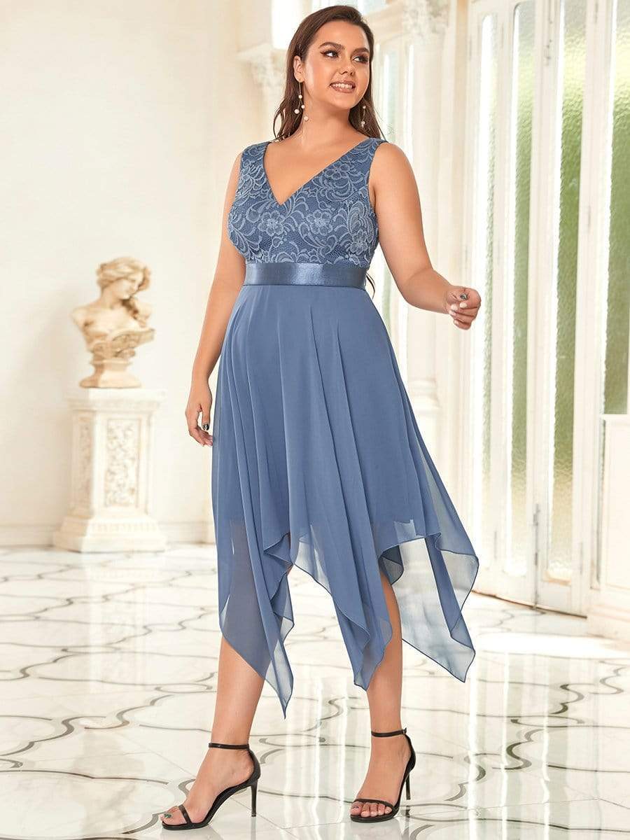 Plus Size Stunning V Neck Lace & Chiffon Prom Dress for Women #color_Dusty Navy