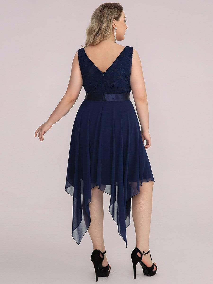 Plus Size Stunning V Neck Lace & Chiffon Prom Dress for Women #color_Navy Blue