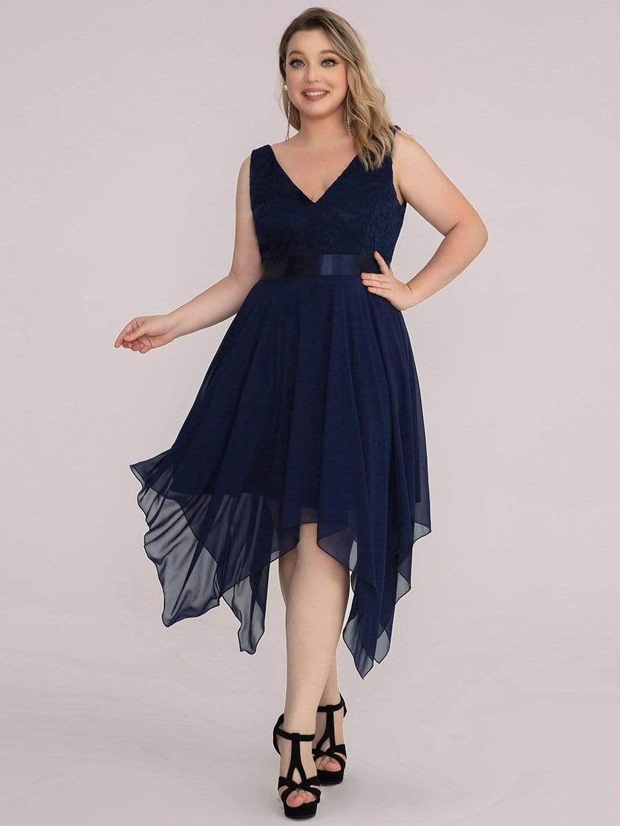 Plus Size Stunning V Neck Lace & Chiffon Prom Dress for Women #color_Navy Blue