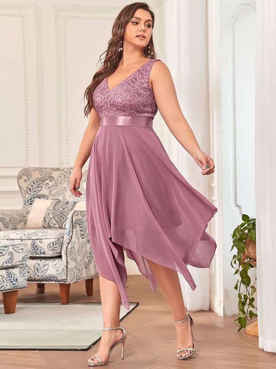 Plus Size Stunning V Neck Lace & Chiffon Prom Dress for Women #color_Purple Orchid
