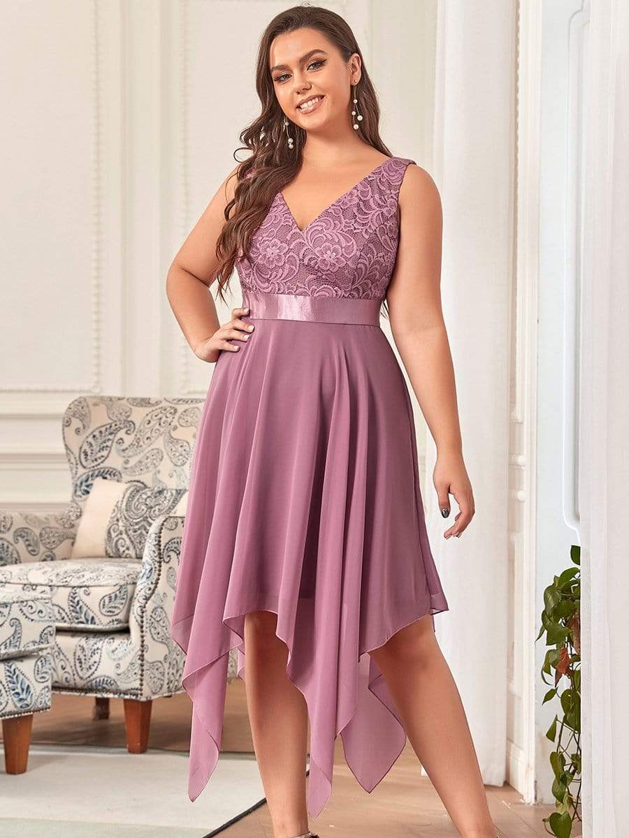 Plus Size Stunning V Neck Lace & Chiffon Prom Dress for Women #color_Purple Orchid