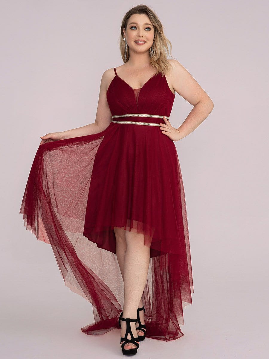 Plus Size Stylish High-Low Tulle Prom Dress with Beaded Belt #color_Burgundy