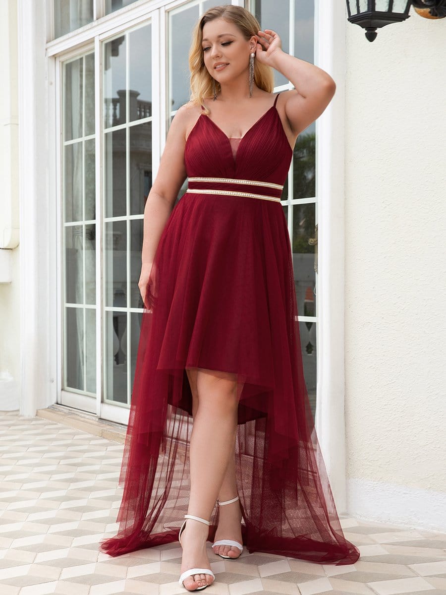 Plus Size Stylish High-Low Tulle Prom Dress with Beaded Belt #color_Burgundy