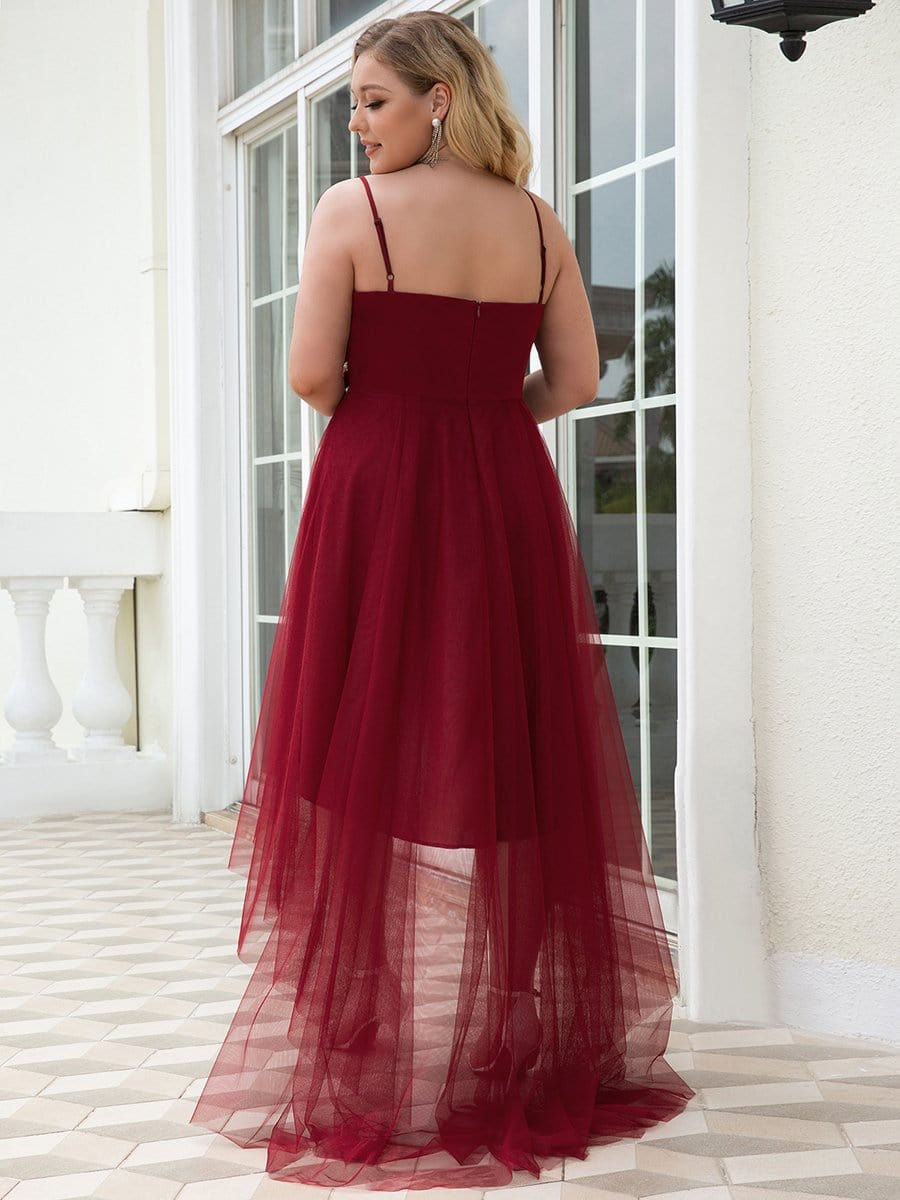 Plus Size Stylish High-Low Tulle Prom Dress with Beaded Belt #color_Burgundy