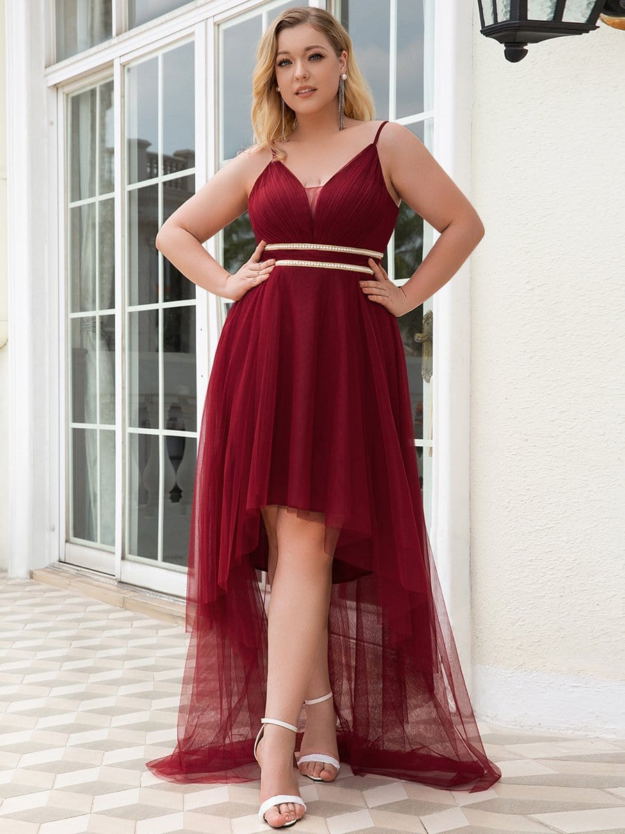 Plus Size Stylish High-Low Tulle Prom Dress with Beaded Belt #color_Burgundy