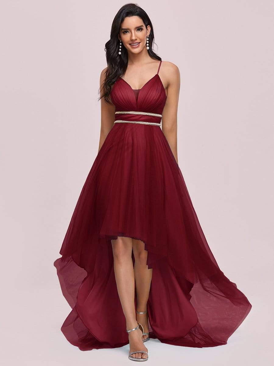 Stylish High-Low Tulle Prom Dress with Beaded Belt #color_Burgundy