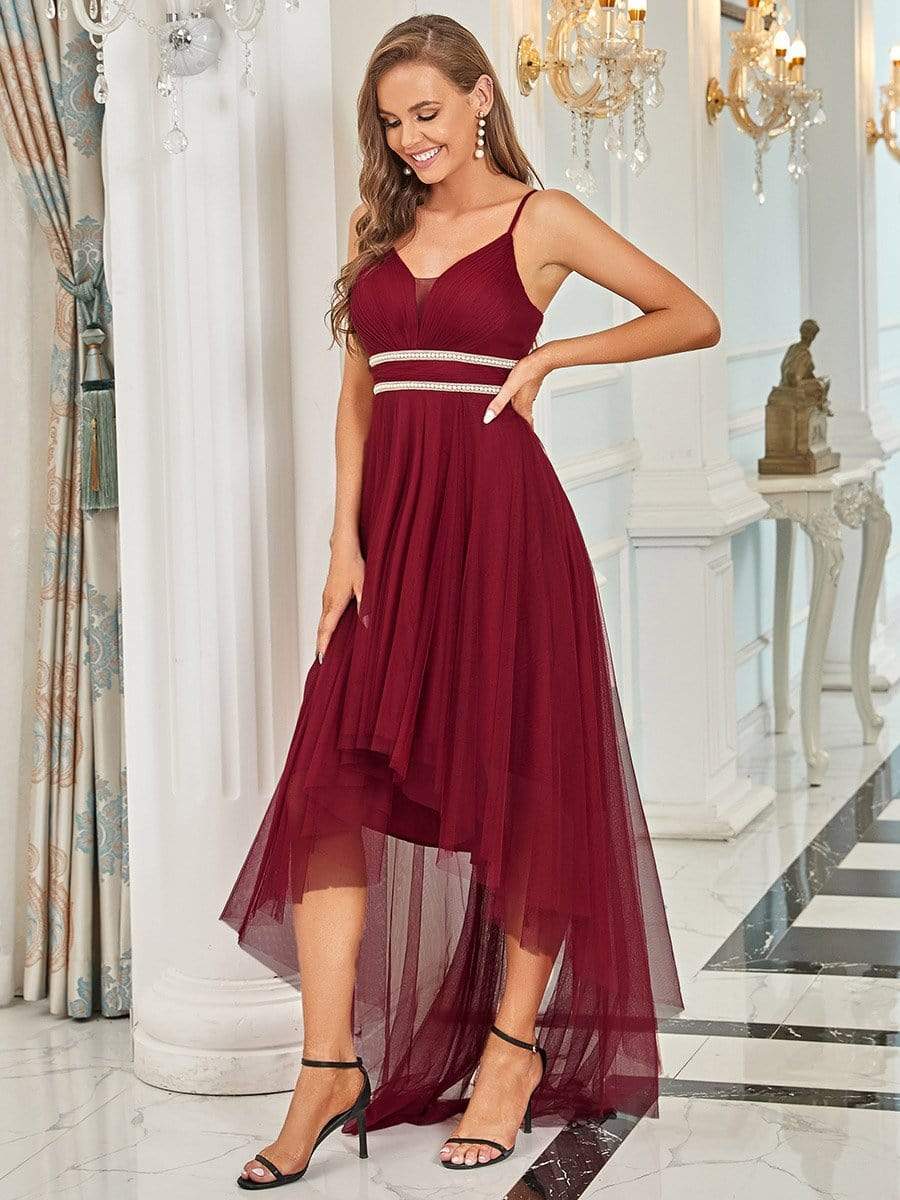 Stylish High-Low Tulle Prom Dress with Beaded Belt #color_Burgundy