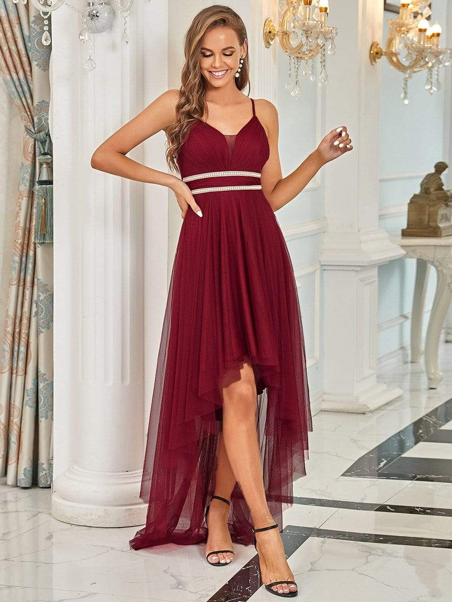 Stylish High-Low Tulle Prom Dress with Beaded Belt #color_Burgundy