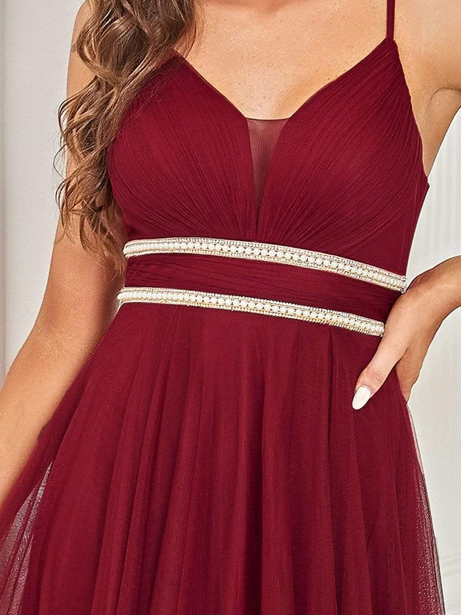 Stylish High-Low Tulle Prom Dress with Beaded Belt #color_Burgundy