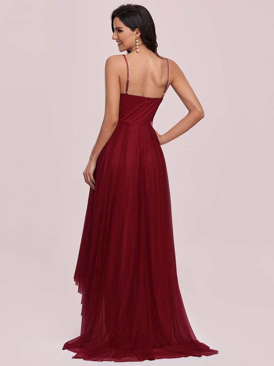 Stylish High-Low Tulle Prom Dress with Beaded Belt #color_Burgundy