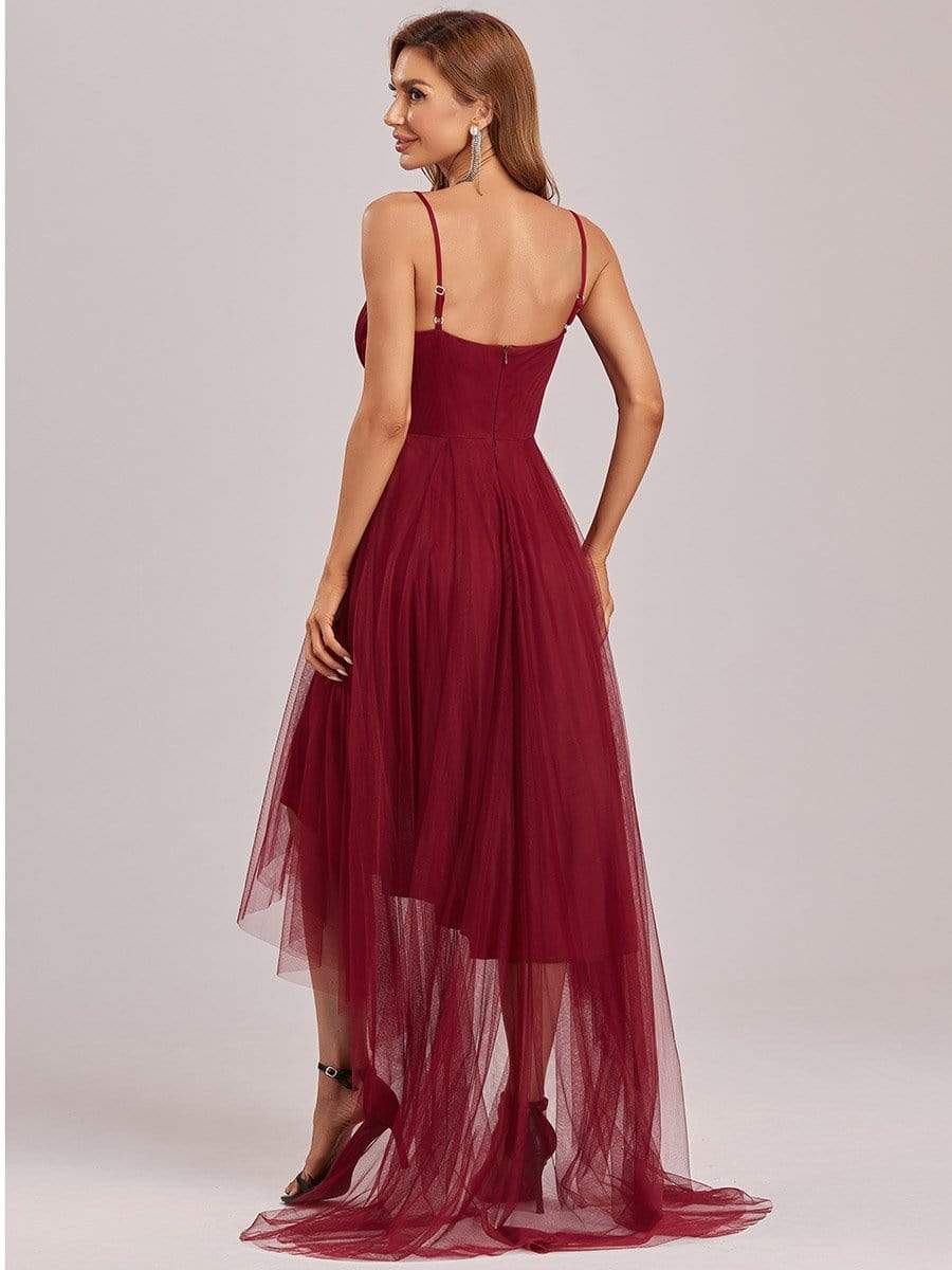 Stylish High-Low Tulle Prom Dress with Beaded Belt #color_Burgundy