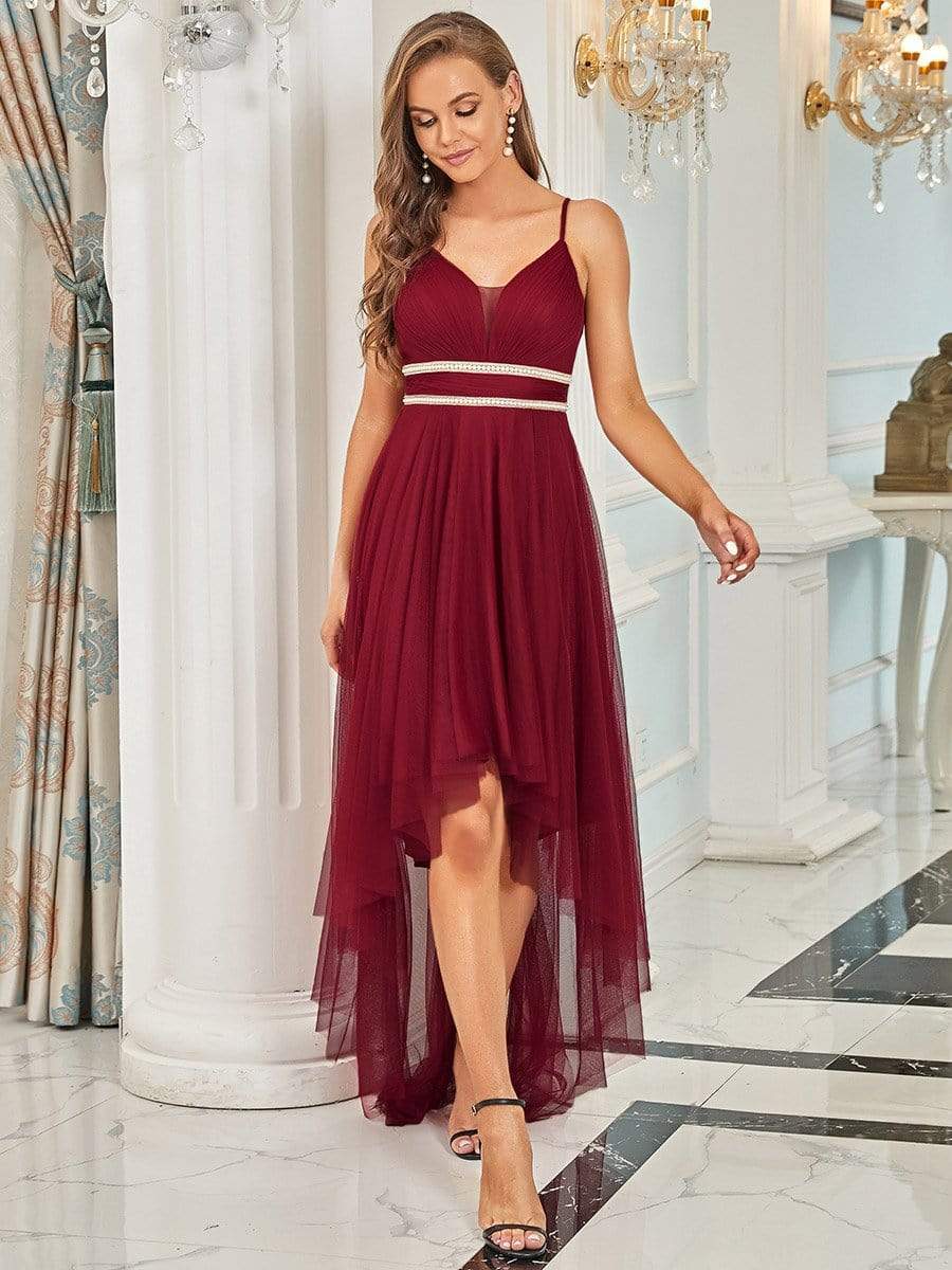 Stylish High-Low Tulle Prom Dress with Beaded Belt #color_Burgundy