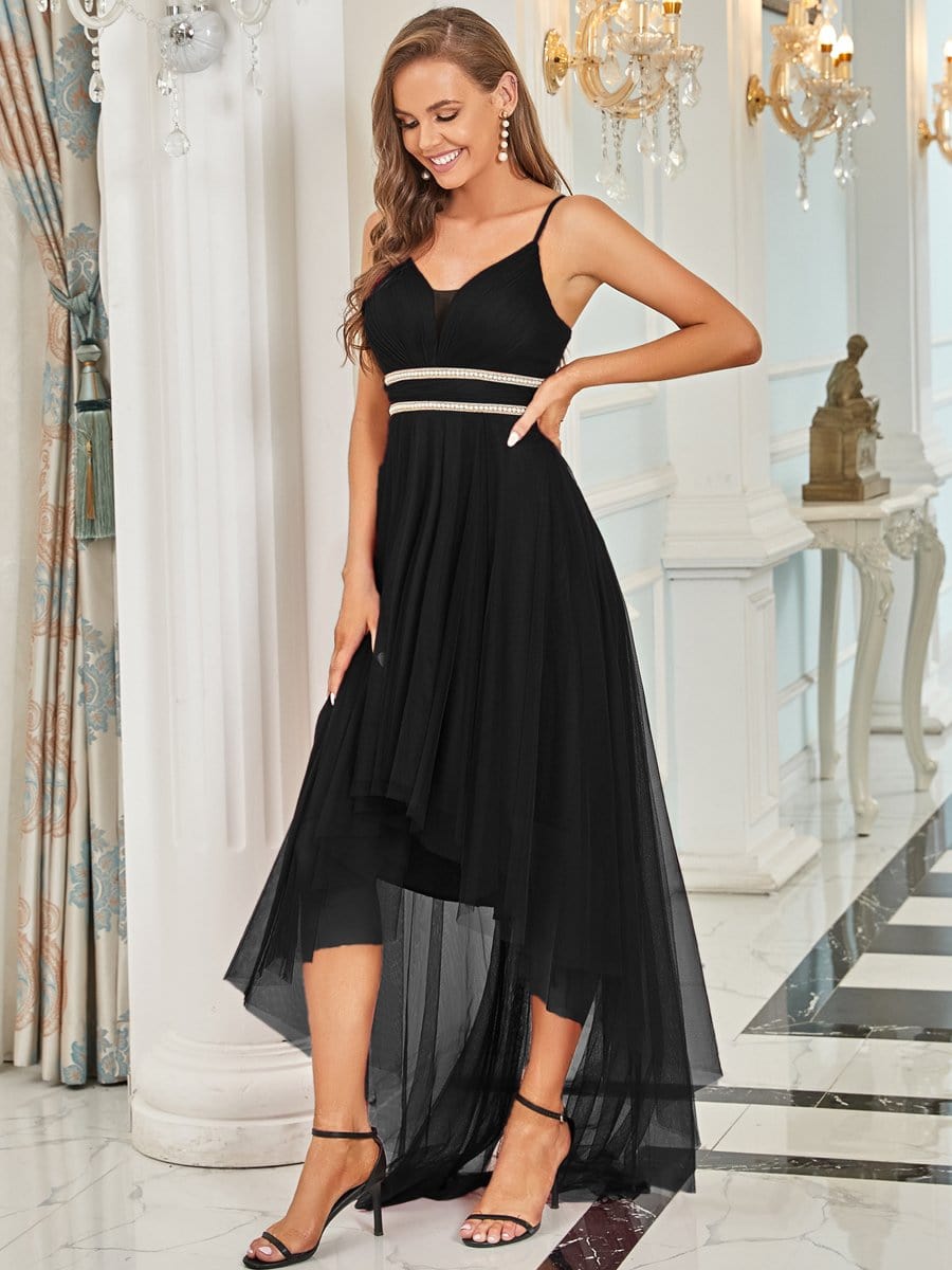 Stylish High-Low Tulle Prom Dress with Beaded Belt #color_Black