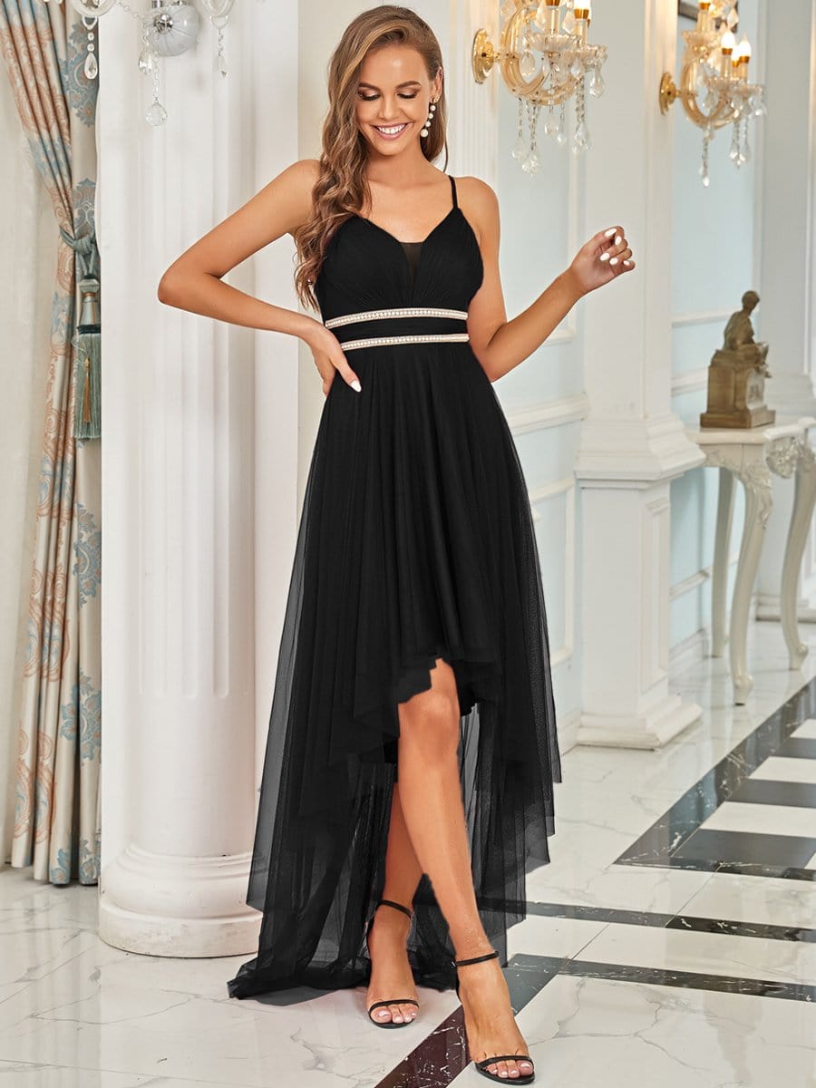 Stylish High-Low Tulle Prom Dress with Beaded Belt #color_Black