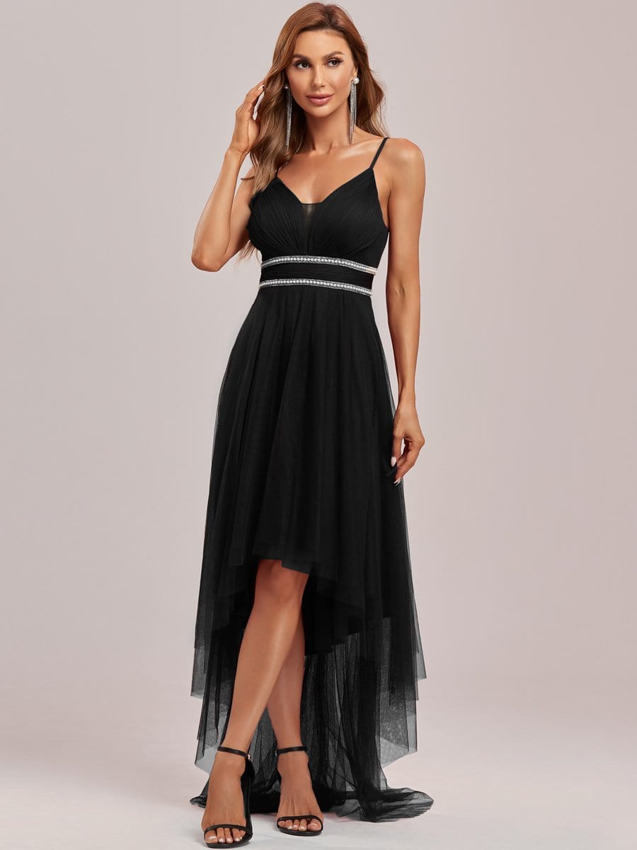 Stylish High-Low Tulle Prom Dress with Beaded Belt #color_Black