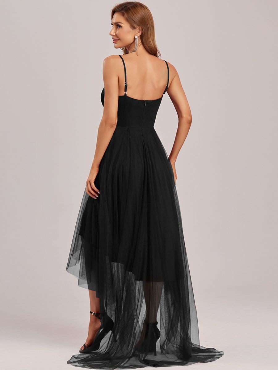 Stylish High-Low Tulle Prom Dress with Beaded Belt #color_Black