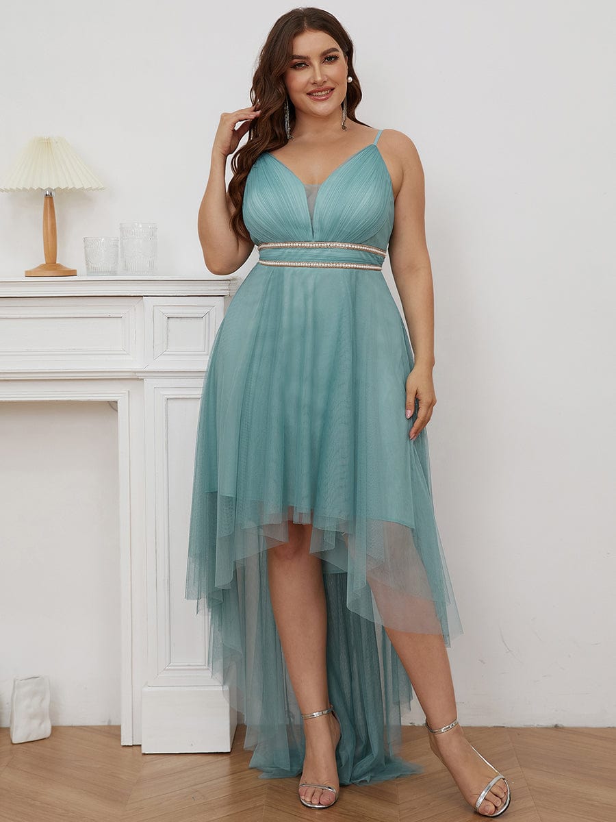 Stylish High-Low Tulle Prom Dress with Beaded Belt #color_Light Teal