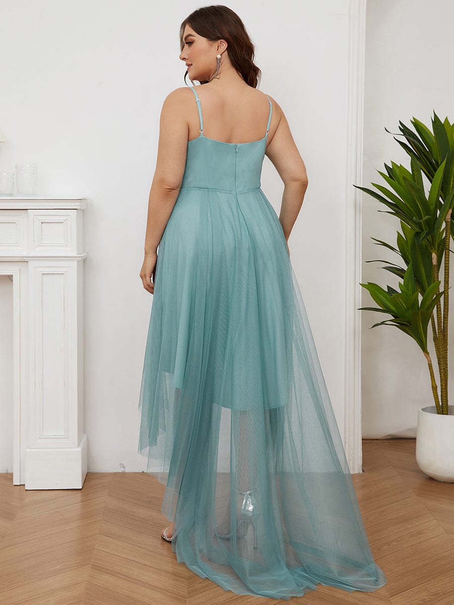 Stylish High-Low Tulle Prom Dress with Beaded Belt #color_Light Teal