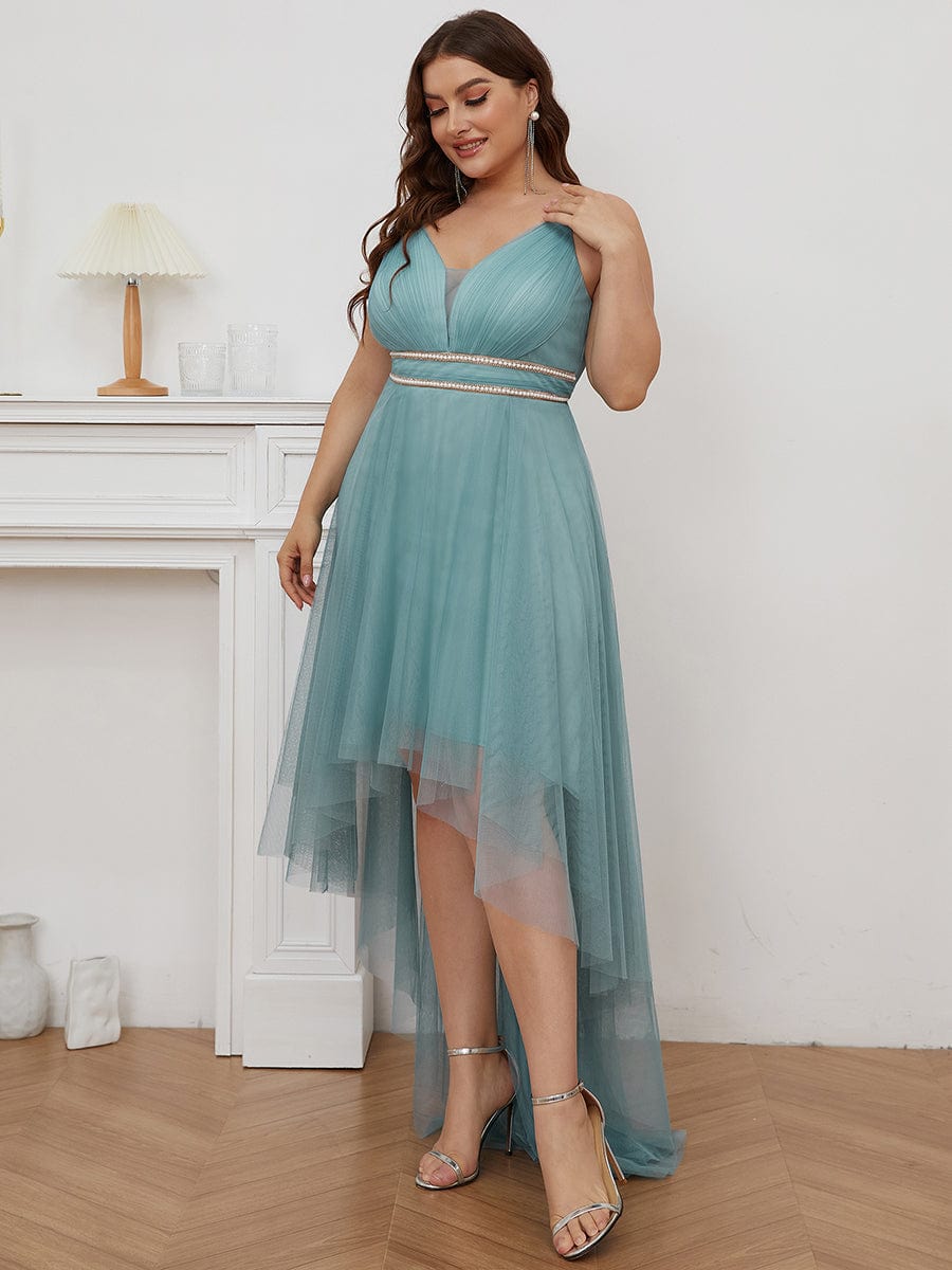 Stylish High-Low Tulle Prom Dress with Beaded Belt #color_Light Teal