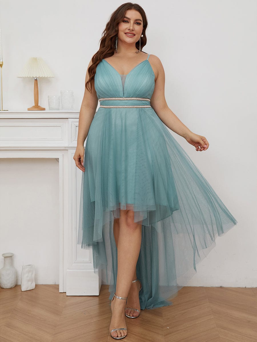 Stylish High-Low Tulle Prom Dress with Beaded Belt #color_Light Teal