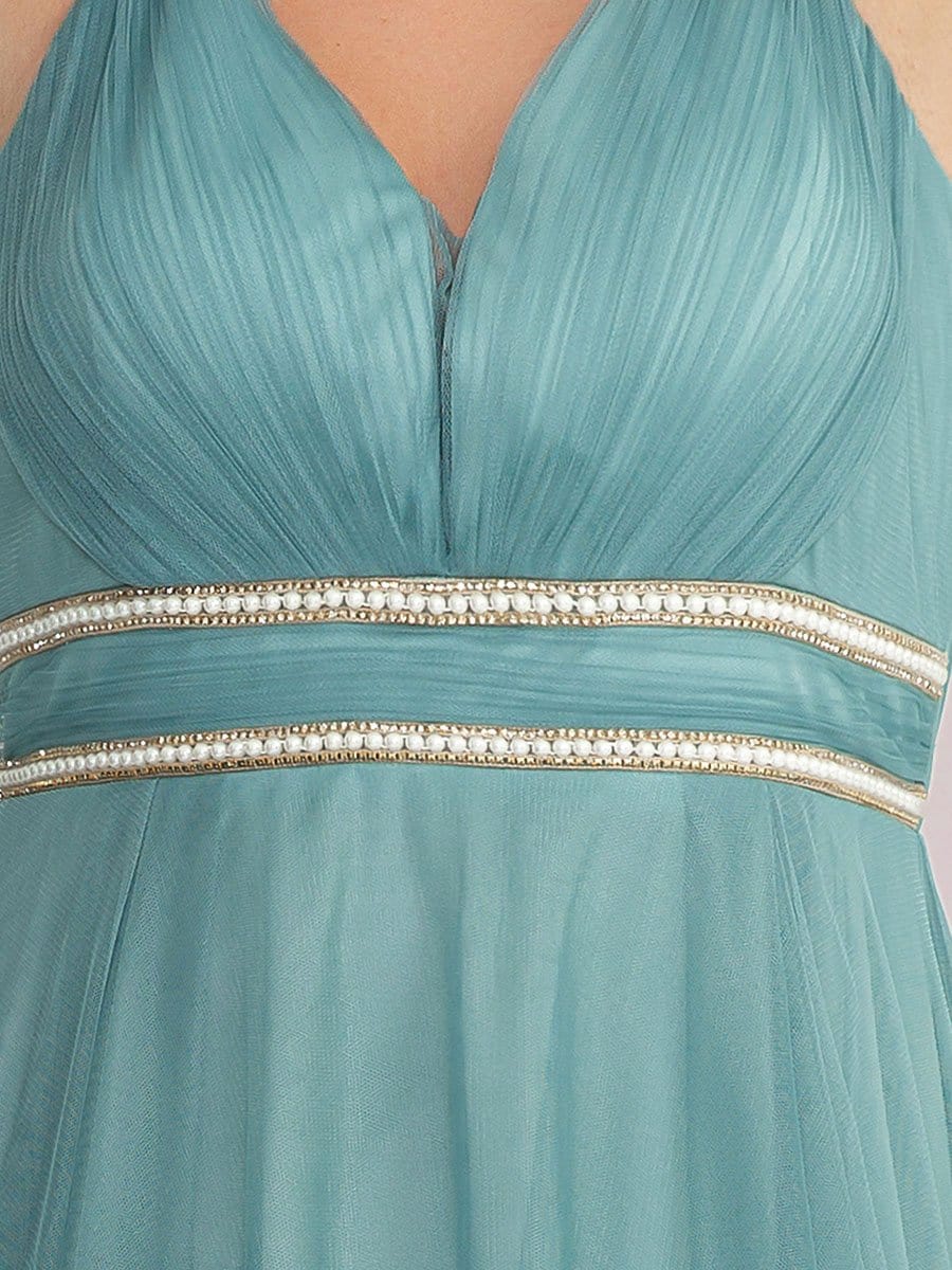 Plus Size Stylish High-Low Tulle Prom Dress with Beaded Belt #color_Light Teal