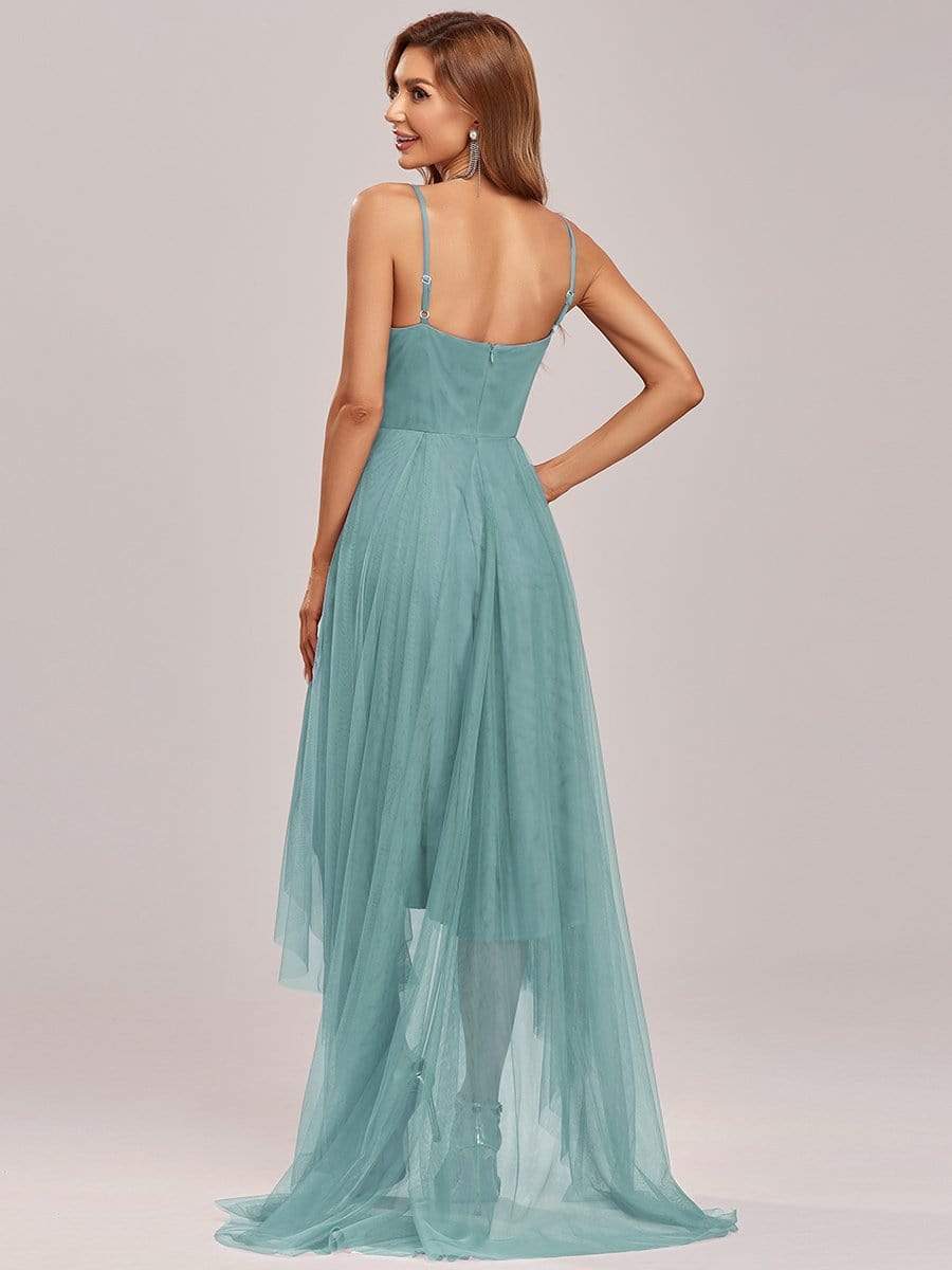 Stylish High-Low Tulle Prom Dress with Beaded Belt #color_Light Teal