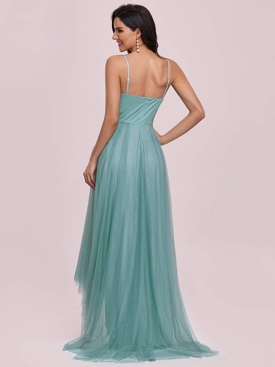 Stylish High-Low Tulle Prom Dress with Beaded Belt #color_Dusty Blue